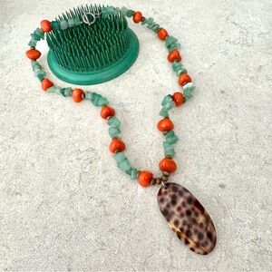 Shell pendant with aventurine & coral beads necklace